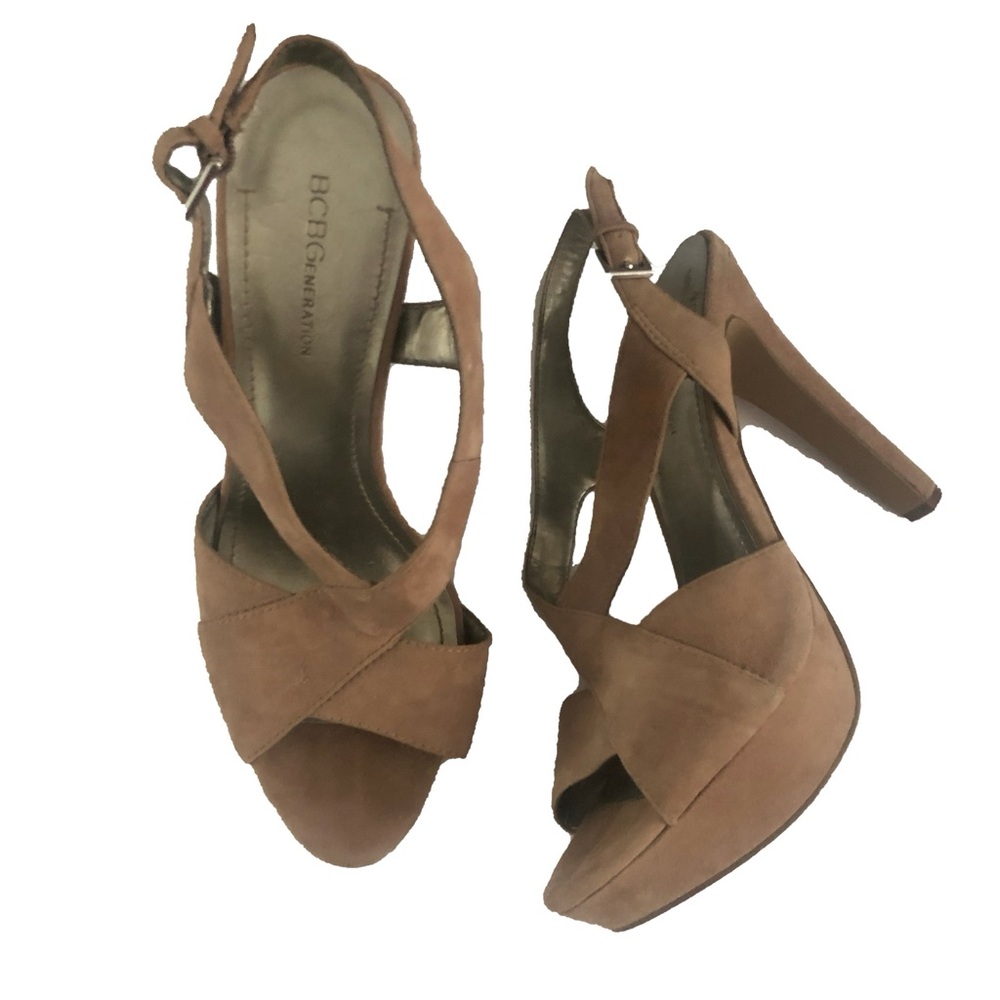 BCBG Tan Suede Strappy Slingback Platform Heel Sandals size 8
